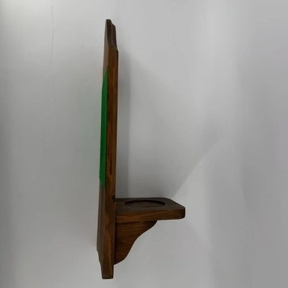 Vintage Rustic Wood Wall Sconce Shelf with Oval Mirror Dark Brown Stained 18in‎
